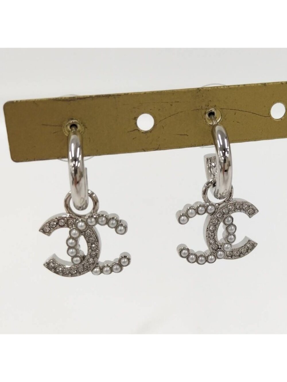 Chanel Earrings Stud Rhinestone Faux Pearl Plated Silver
